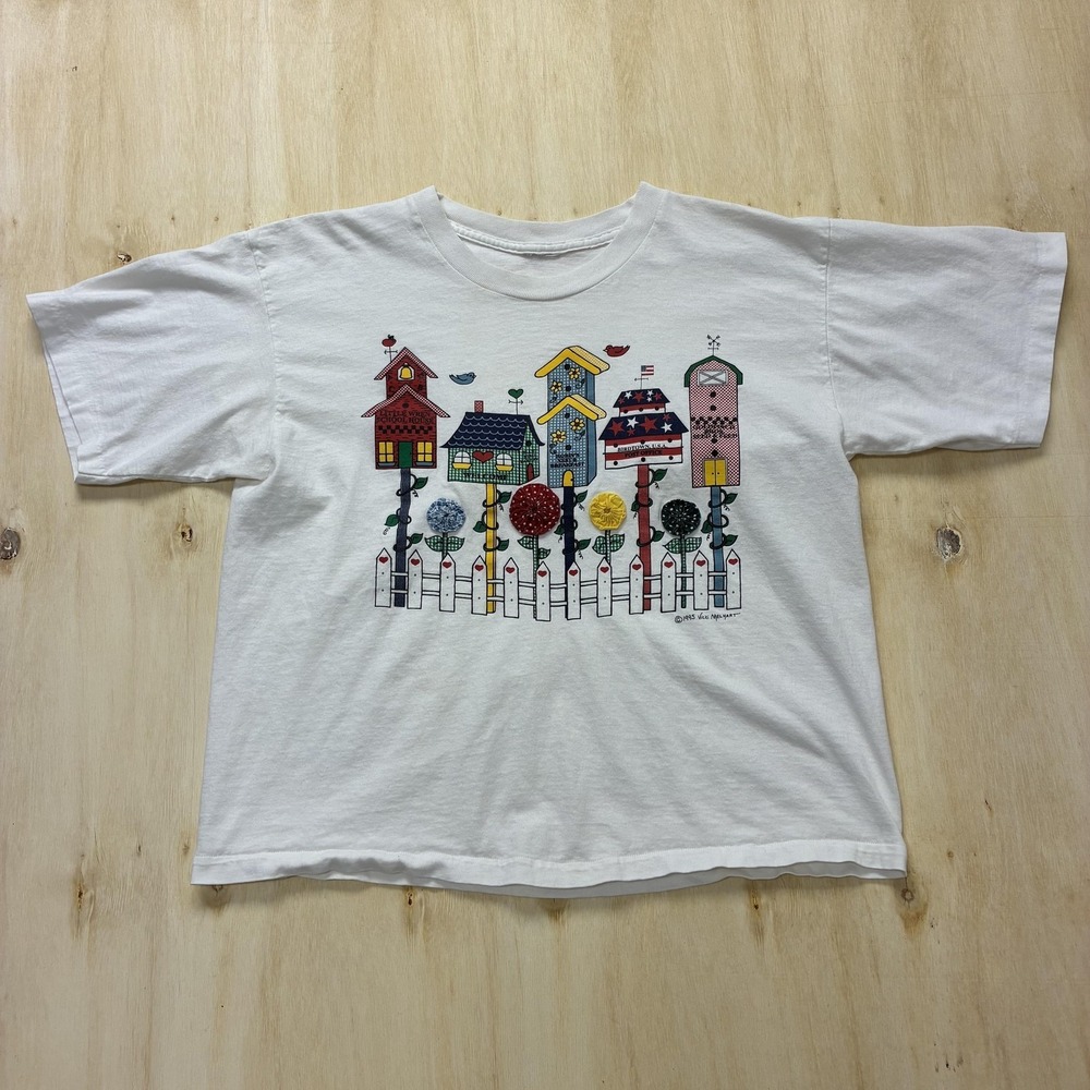 Vintage 1995 Vicki Melhart Birdhouse Shirt Womens XL Crop White Birdtown USA Tee